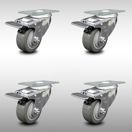 Service Caster 3 Inch SS Gray Polyurethane Top Plate Caster Set Total Lock Brake SCC SCC-SSTTL20S314-PPUB-4